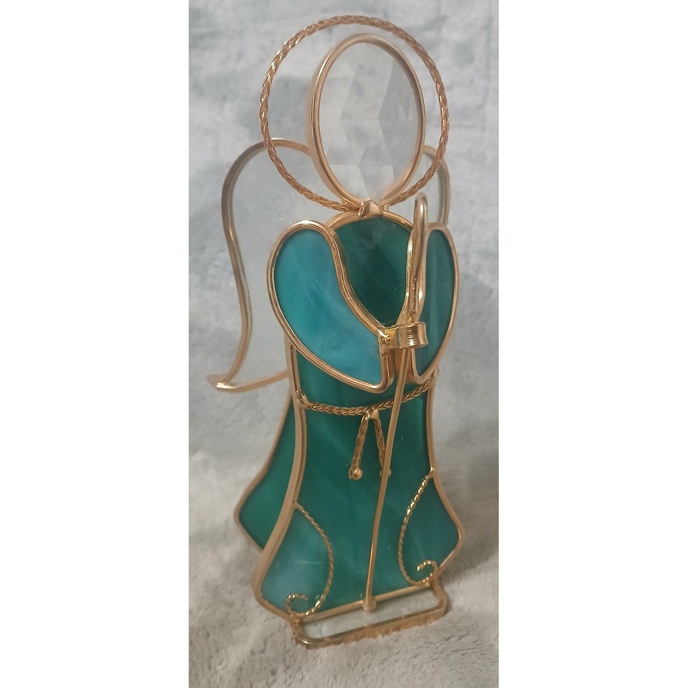 Vtg 1992 Kari Stained Slag Glass Angel Figurine Teal Gold‎ Crystal 7.5 Inch